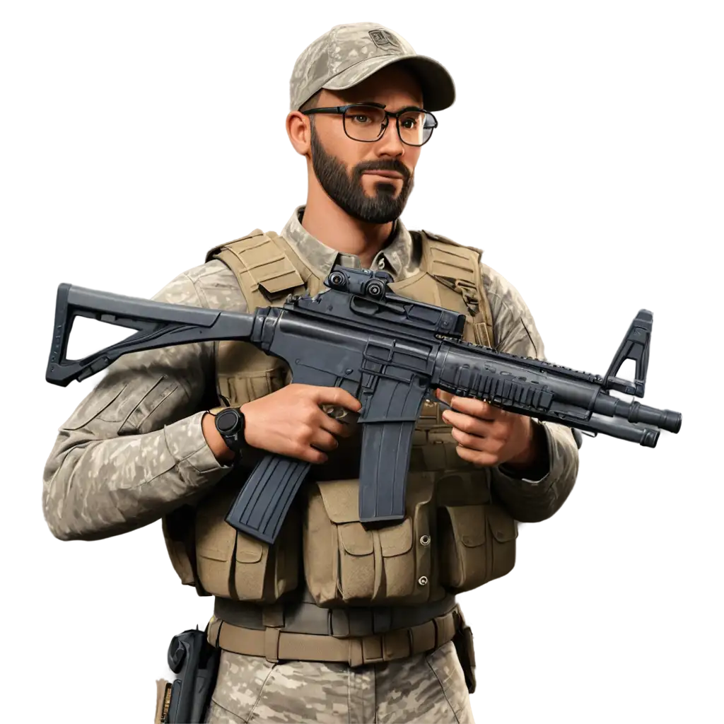 A profile avatar of an American soldier with a beard and clear glasses and with an icr-1 rifle