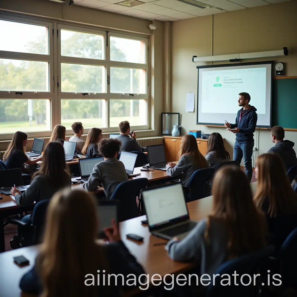 high school classroom with 10,15 students, 1 teacher, a video projector, each student writing the lesson on a computer and large windows with sunlight coming in