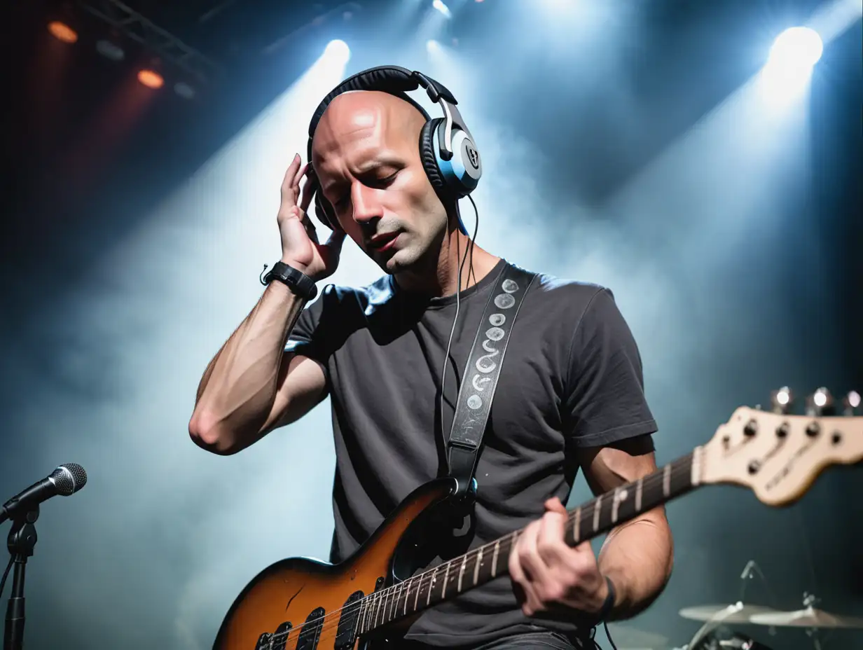 Rock Musician Performing Energetically on Stage with Headphones