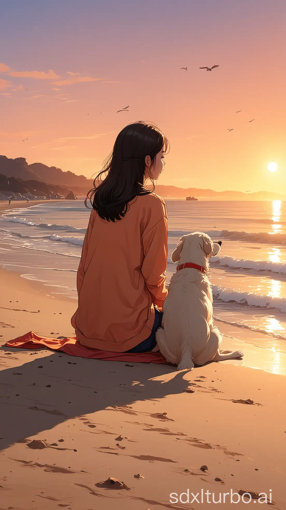 Draw a webtoon-style illustration of an adorable retriever and a 7-year-old Korean girl sitting side-by-side on the beach, watching the sunset.