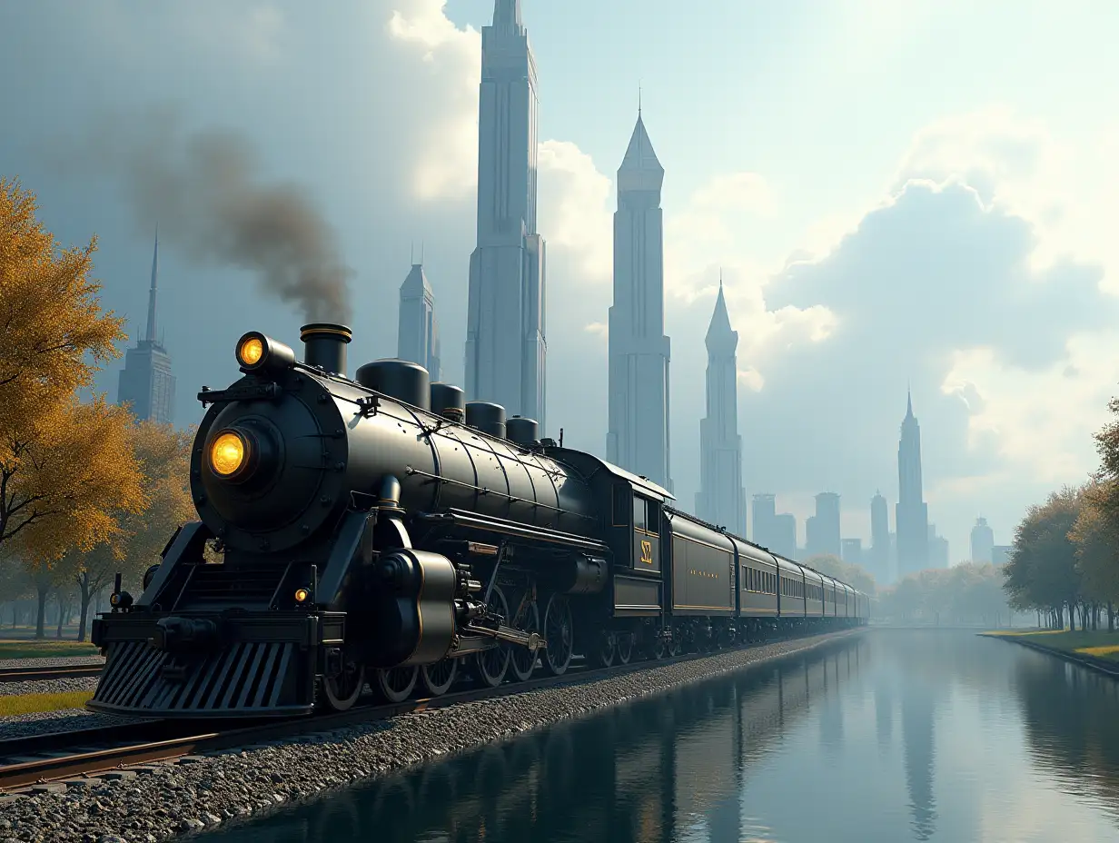 Create a high-resolution realistic image in 4k resolution: a futuristic black and gold locomotive on tracks in a city with trees, a lake with futuristic tall buildings in a cloudy sky