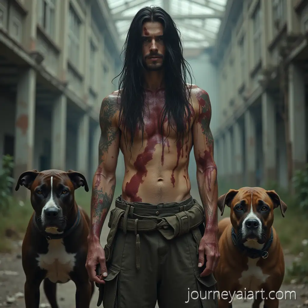 Young-Man-withScarred-man-with-pitbulls-Scars-Surrounded-by-Bull-Terriers-and-Pitbulls-in-Abandoned-Building