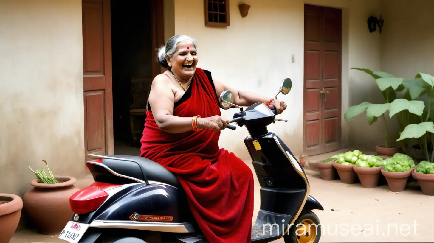 Joyful Indian Mature Woman Laughing in Luxurious Farmhouse Courtyard