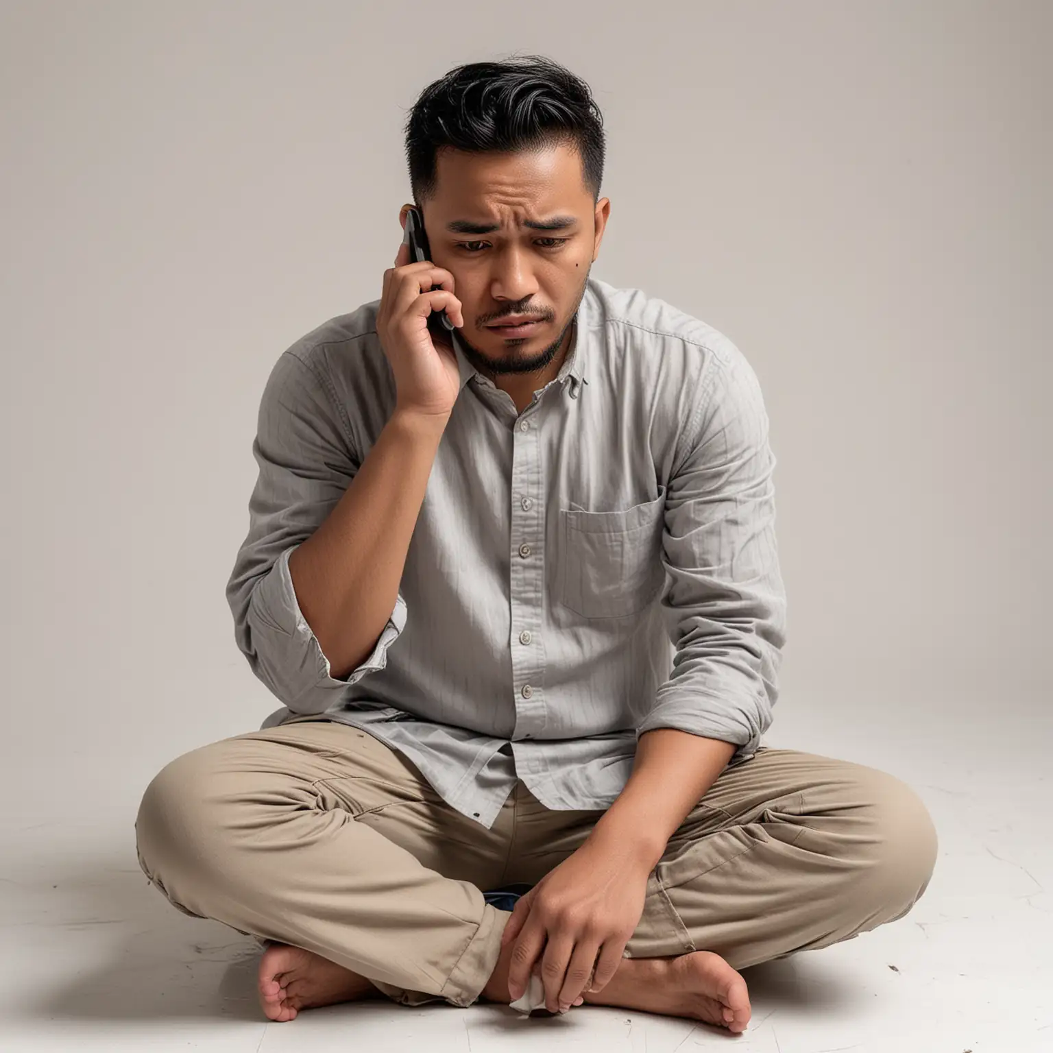 photoshoot of a realistic Malay man, aged around 30s, sitting on the floor, looking sad and frustrated, while looking at his phone, white background,