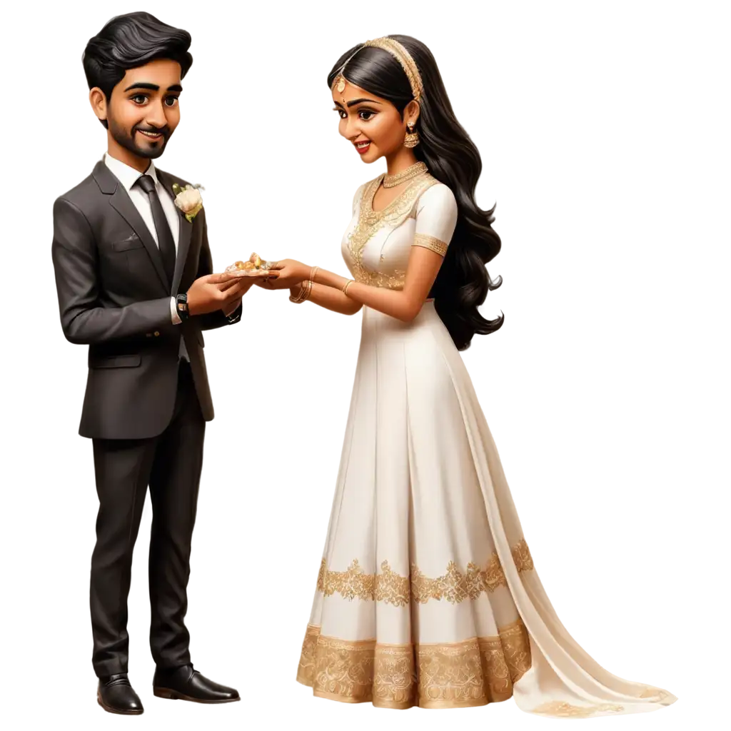 PNG-South-Indian-Engagement-Caricature-Dusky-Groom-and-Bride-Exchanging-Rings