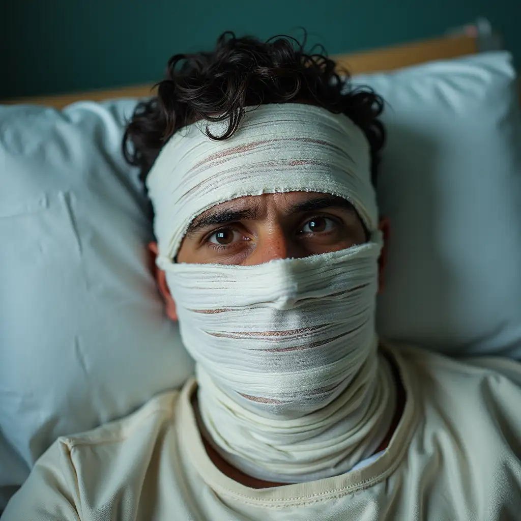 Iraqi Man in Hospital Bed with Bandages on Face