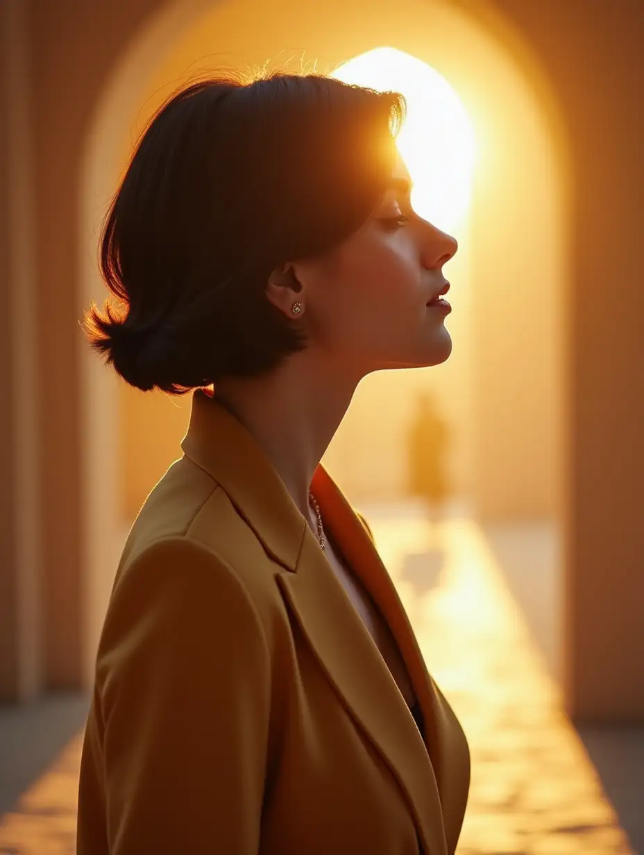 profile view, close-up portrait, stylish elegant italian model woman, 30 years old, with short dark hair, with fashionable hairstyle, in fashionable and elegant clothes against the background of a beautiful arch, sunny, rays of light embrace the woman, stylish photo, fashion photo