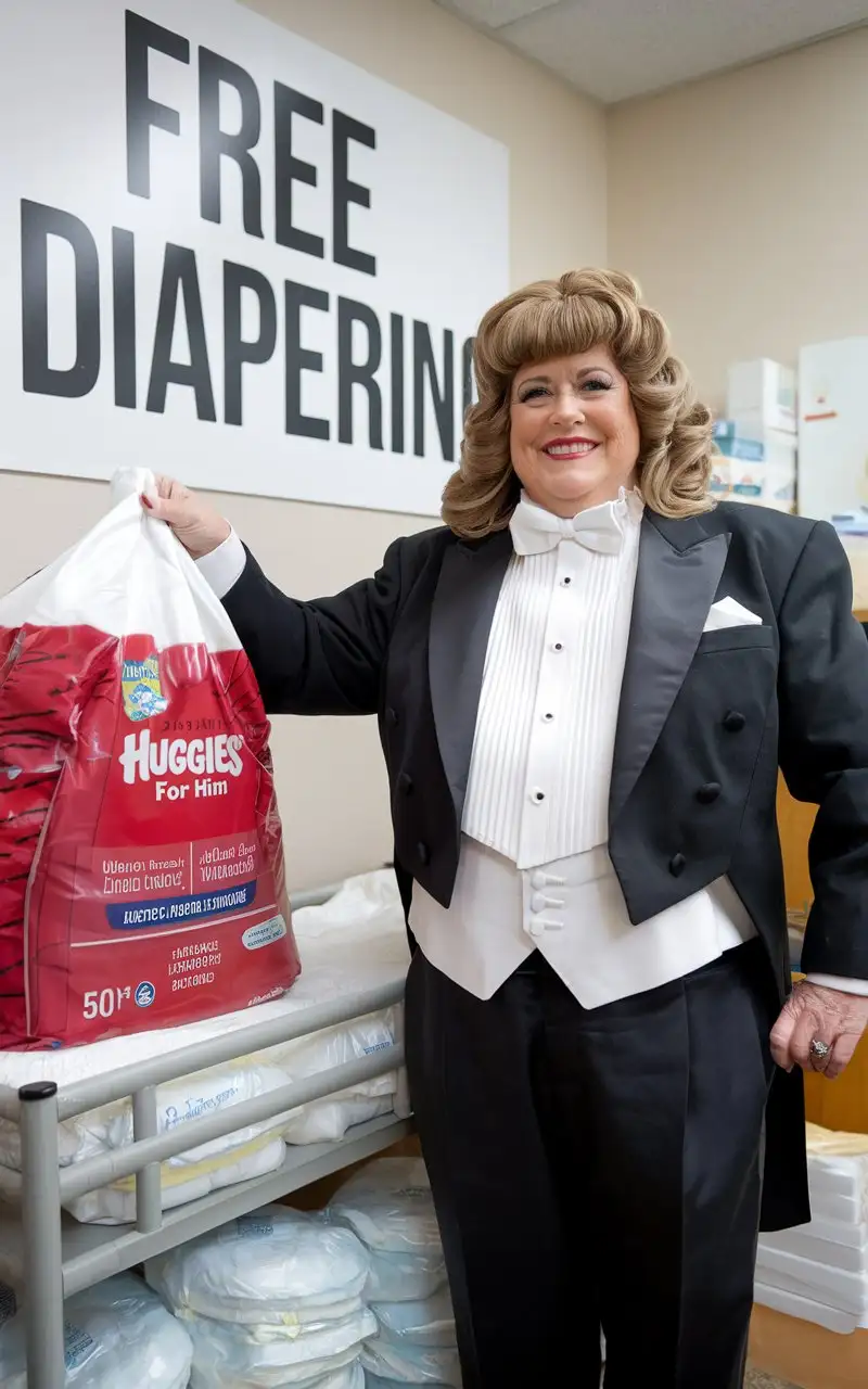 Smiling-Caucasian-Woman-in-Formal-Tuxedo-Holding-Huggies-Diapers-in-Nursery