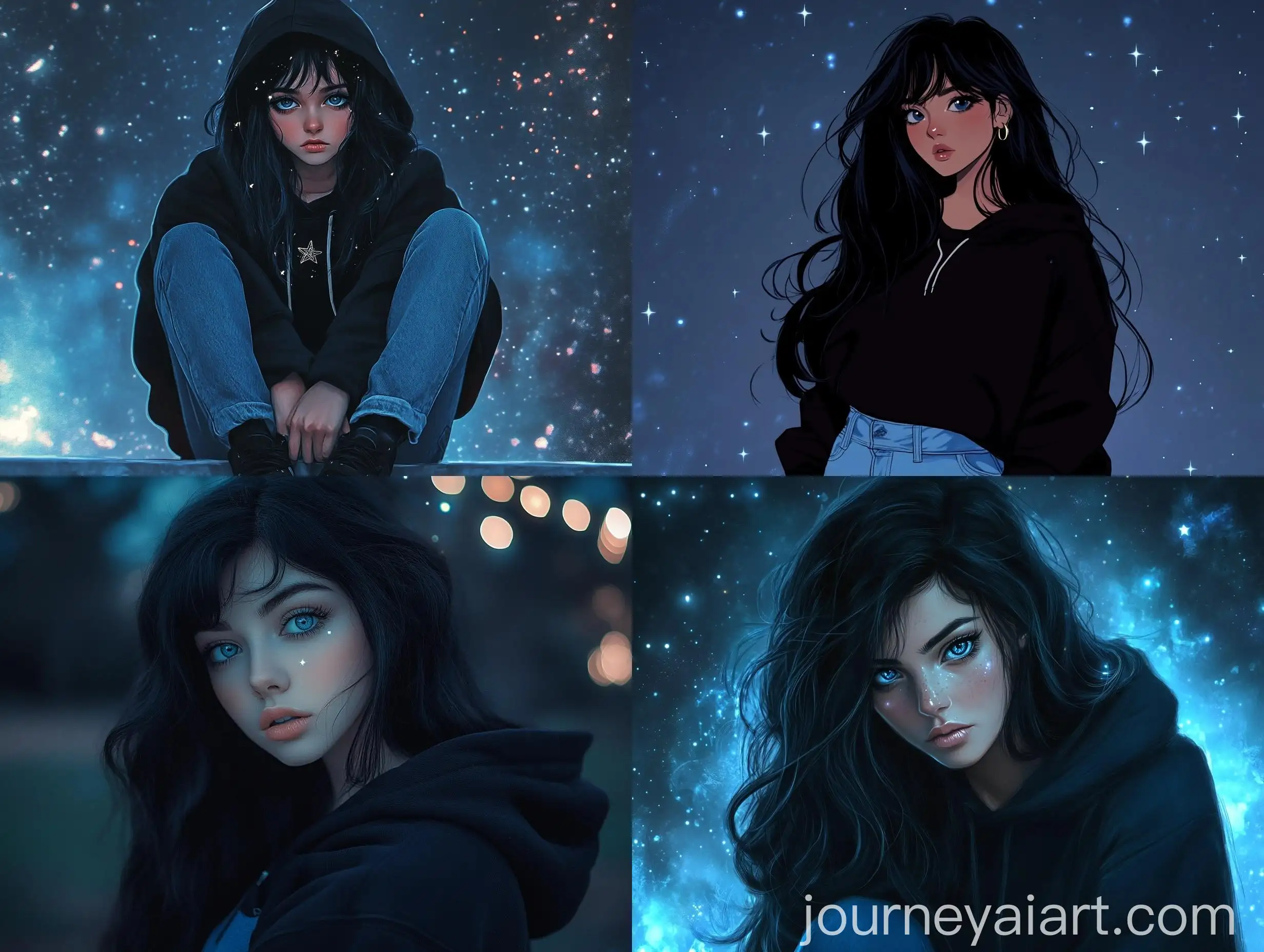 Curvy-Girl-in-Black-Hoodie-and-Light-Blue-Jeans-Under-Starry-Night-Sky