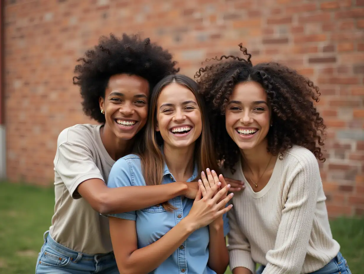 Diverse-Young-Friends-Hugging-and-Smiling-Outdoors-Against-a-Brick-Wall