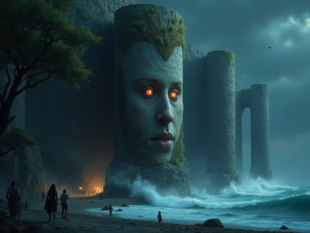 Creating a digital painting of a face on pillars with diamond root hair transforms into buildings with armor made of stone and the sea with incredible size waves  Illuminated trees and lantern and people