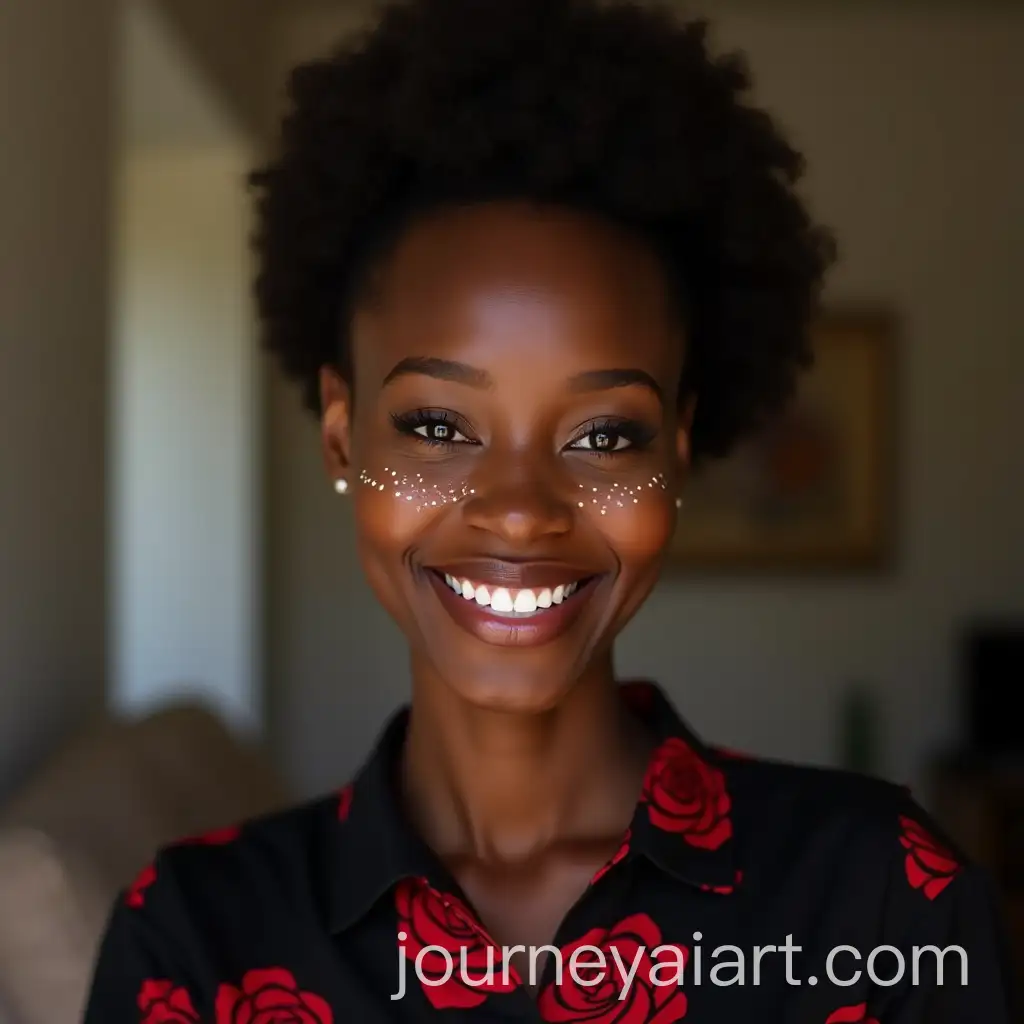 African-Woman-with-a-Beautiful-Smile-in-Black-Shirt-with-Red-Roses-in-Living-Room