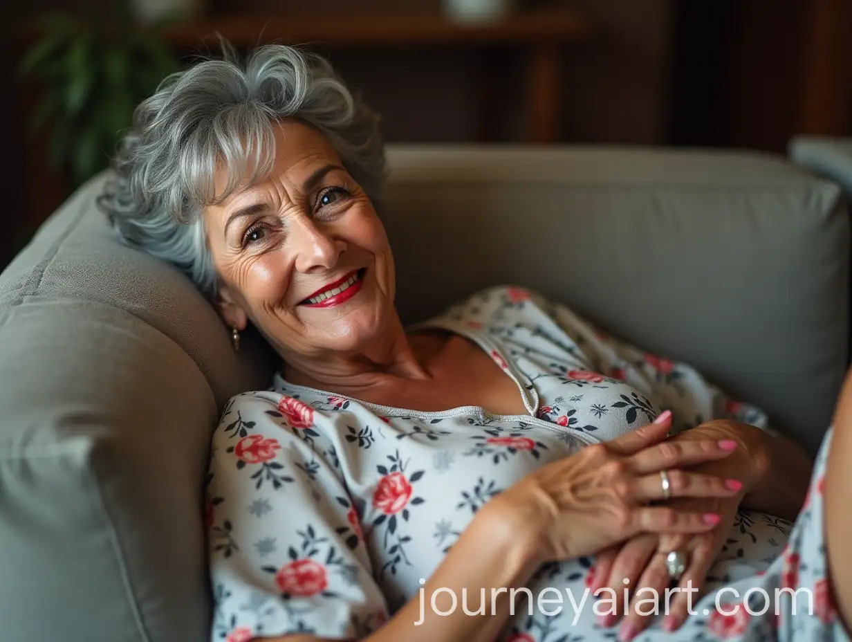 Elegant-72YearOld-Woman-Smiling-in-Floral-Nightgown-on-Sofa