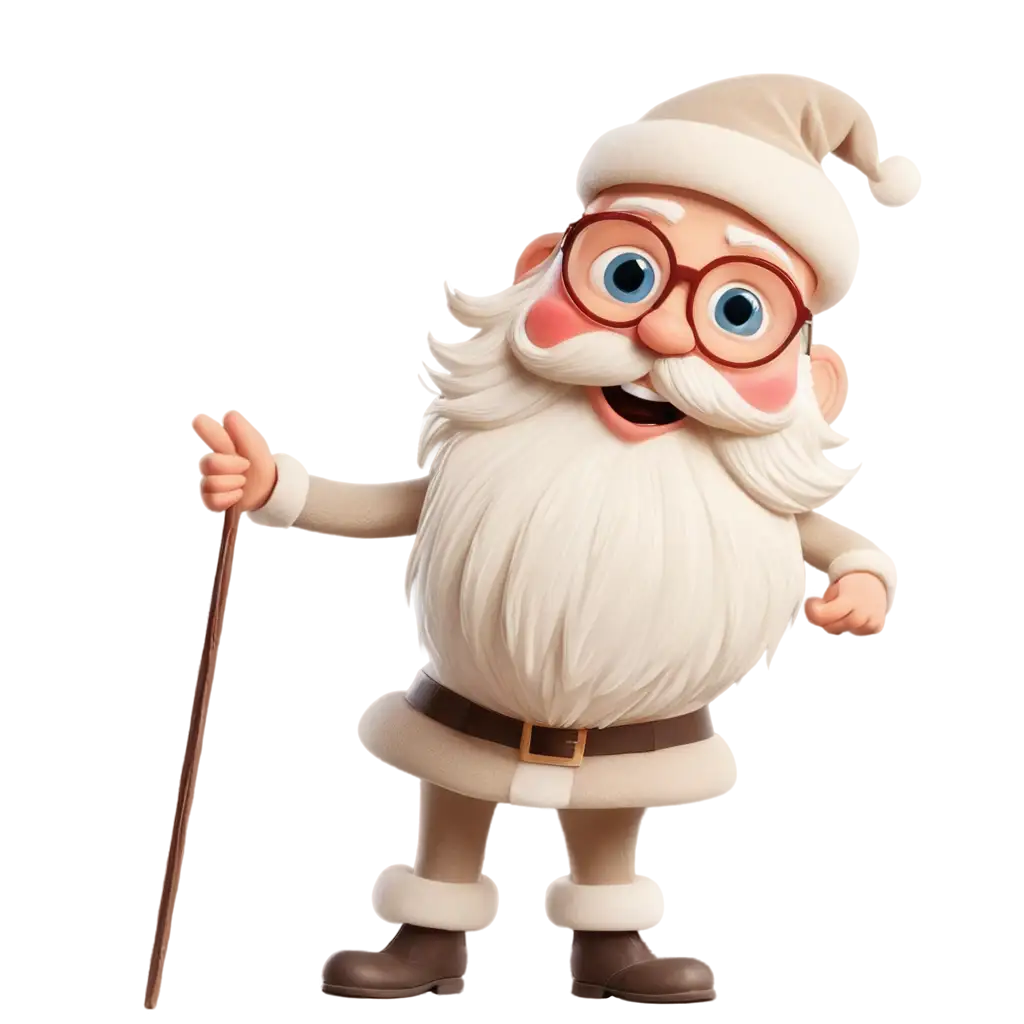 Create a festive image featuring a cheerful, cartoon-style Santa Claus wearing oval glasses, fully visible and peeking from the top edge. His outfit should be in beige and gold colors. Santa's eyes should express joy and excitement, radiating a holiday spirit. Ensure the entire figure is visible without any cropping. The design should evoke warmth, joy, and a sense of luxury.