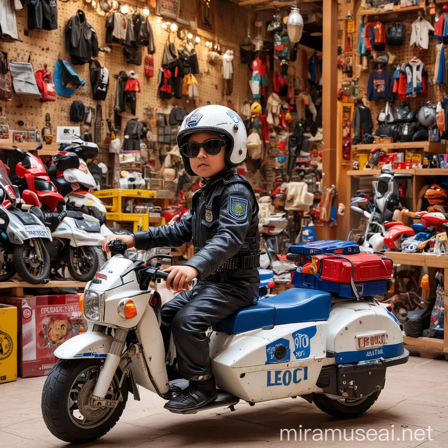 Child on Moroccan Electric Police Motorcycle in Toy Store