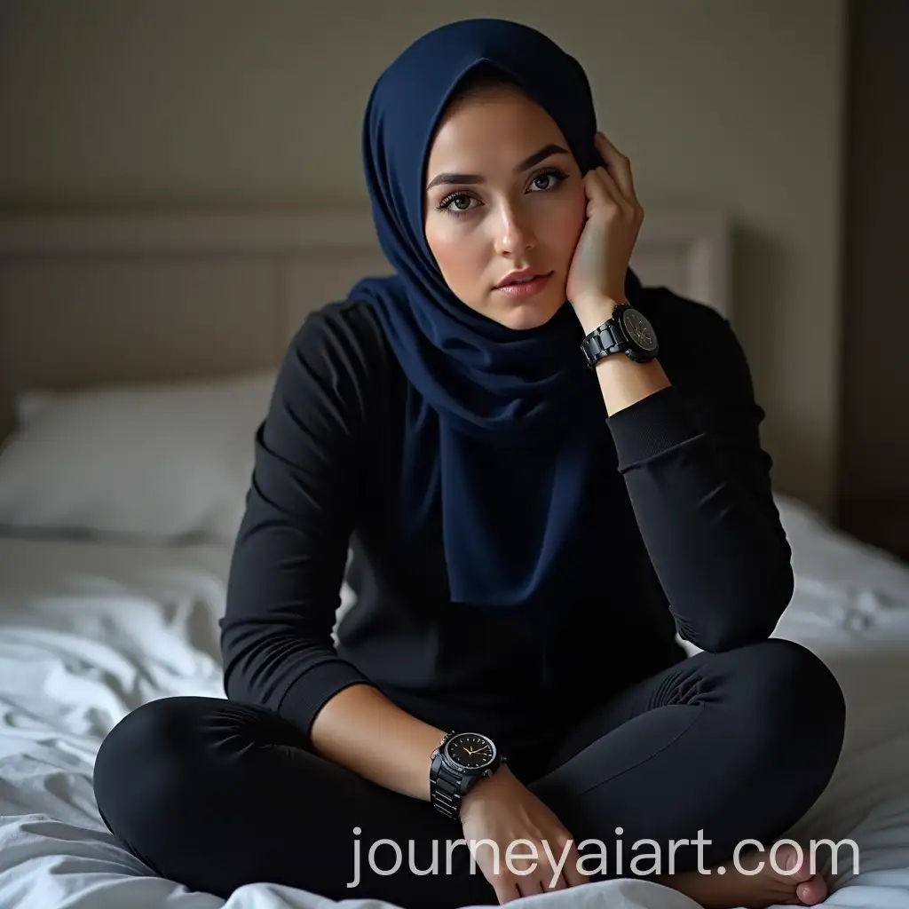 Muslim-Woman-Wearing-Black-Sporty-Chronograph-on-Bed-with-Pink-LaceAI-Image-Prompt-Expansion-Detail