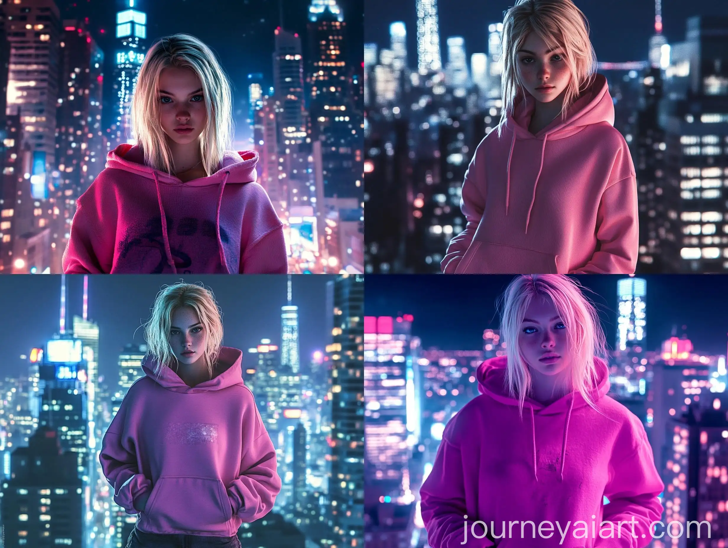 Blonde-Girl-in-Oversize-Pink-Hoodie-Against-Manhattan-Night-Skyline