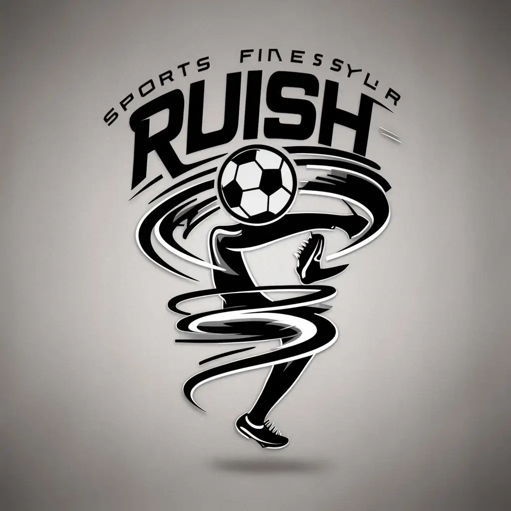 a logo design,with the text "RUISH", main symbol:Football freestyle, leg balancing ball, tornado,Moderate,be used in Sports Fitness industry,clear background