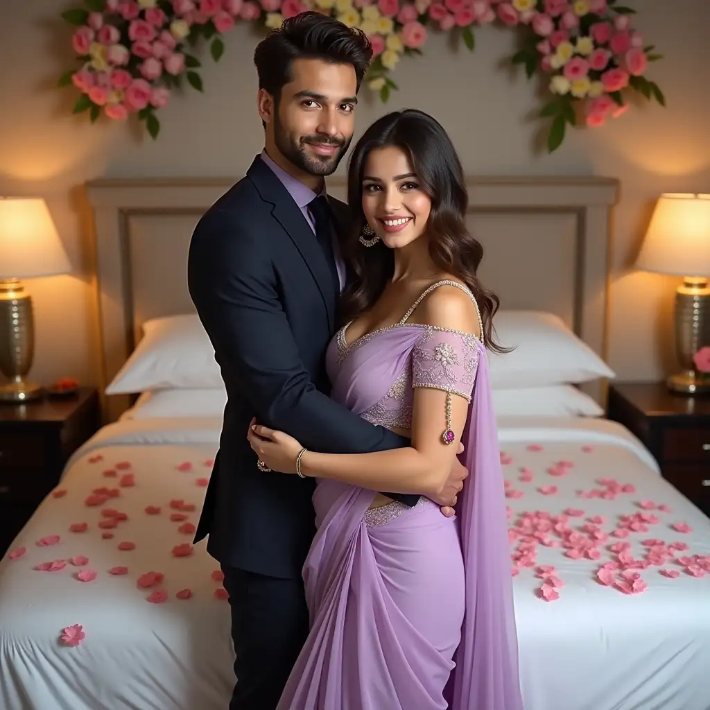 A stunning full-body Indian desi bhabhi standing in a romantic embrace, smiling warmly. She has curvier figure with a cute, beautiful round face and is wearing a half saree. beautiful designer light violet color saree and of net material. She is wearing a sleeveless, deep v neck short blouse showing cleavage, navel, and waist. bra has small cups. enhancing the stylish modern western look. She has a fair, radiant white skin tone. She is endomorph. She has beautiful hairstyle, some hair coming on her cheek. The man is dressed in a well-fitted, stylish dark suit standing behind her and also has a fair white skin tone. He looking handsome and charming. Both looking straight at camera on front side. The background features a beautifully decorated bedroom with flowers, rose petals on white bedsheet enhancing the intimate and romantic atmosphere. Focus more on couple than background. Make 1080p resolution image. She has beautiful figure and Stunning looks. Both looking at front. She has heel in her legs.