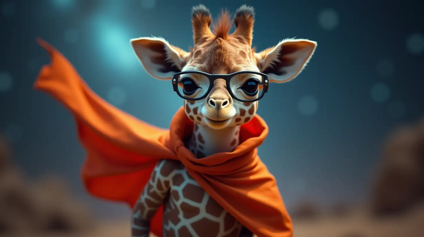 Adorable Baby Giraffe in Superhero Costume Floating in Space