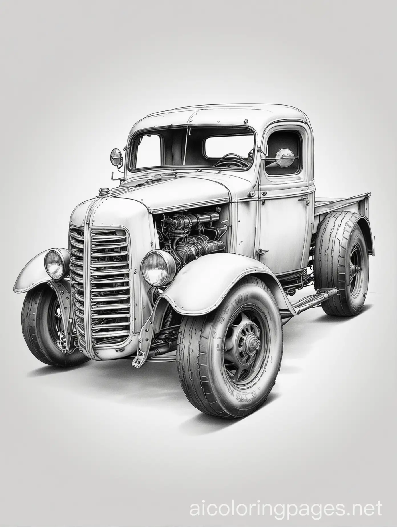 rat rod truck, Coloring Page, black and white, line art, white background, Simplicity, Ample White Space. The background of the coloring page is plain white to make it easy for young children to color within the lines. The outlines of all the subjects are easy to distinguish, making it simple for kids to color without too much difficulty