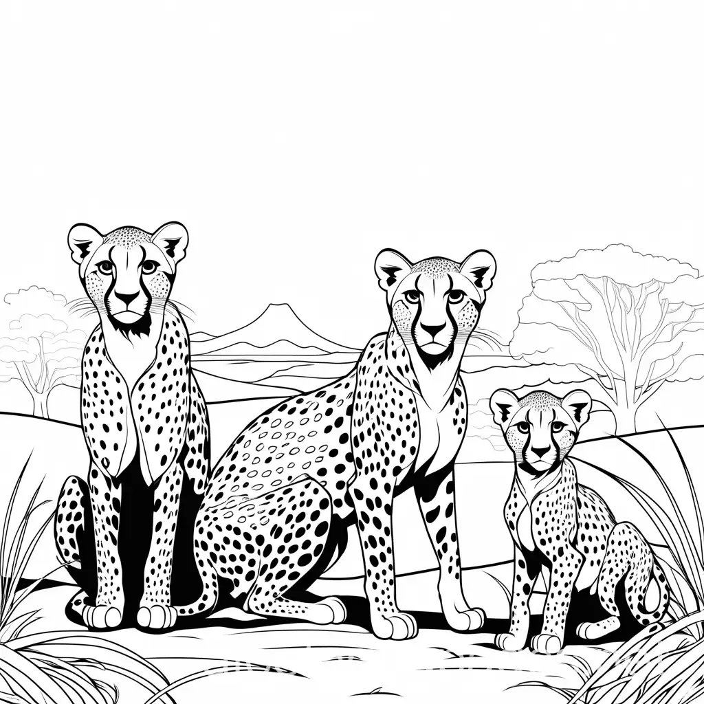 a mother Cheetah and her 2 cubs in the savannah, Coloring Page, black and white, line art, white background, Simplicity, Ample White Space. The background of the coloring page is plain white to make it easy for young children to color within the lines. The outlines of all the subjects are easy to distinguish, making it simple for kids to color without too much difficulty