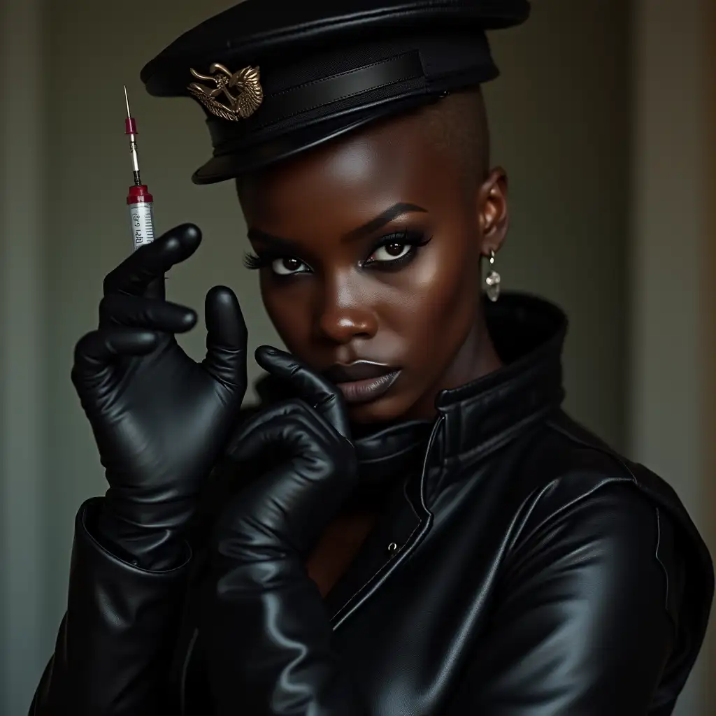 black ebony female dominatrix in leather, leather military hat, shaved head, holding injection needle, leather gloves, daylight