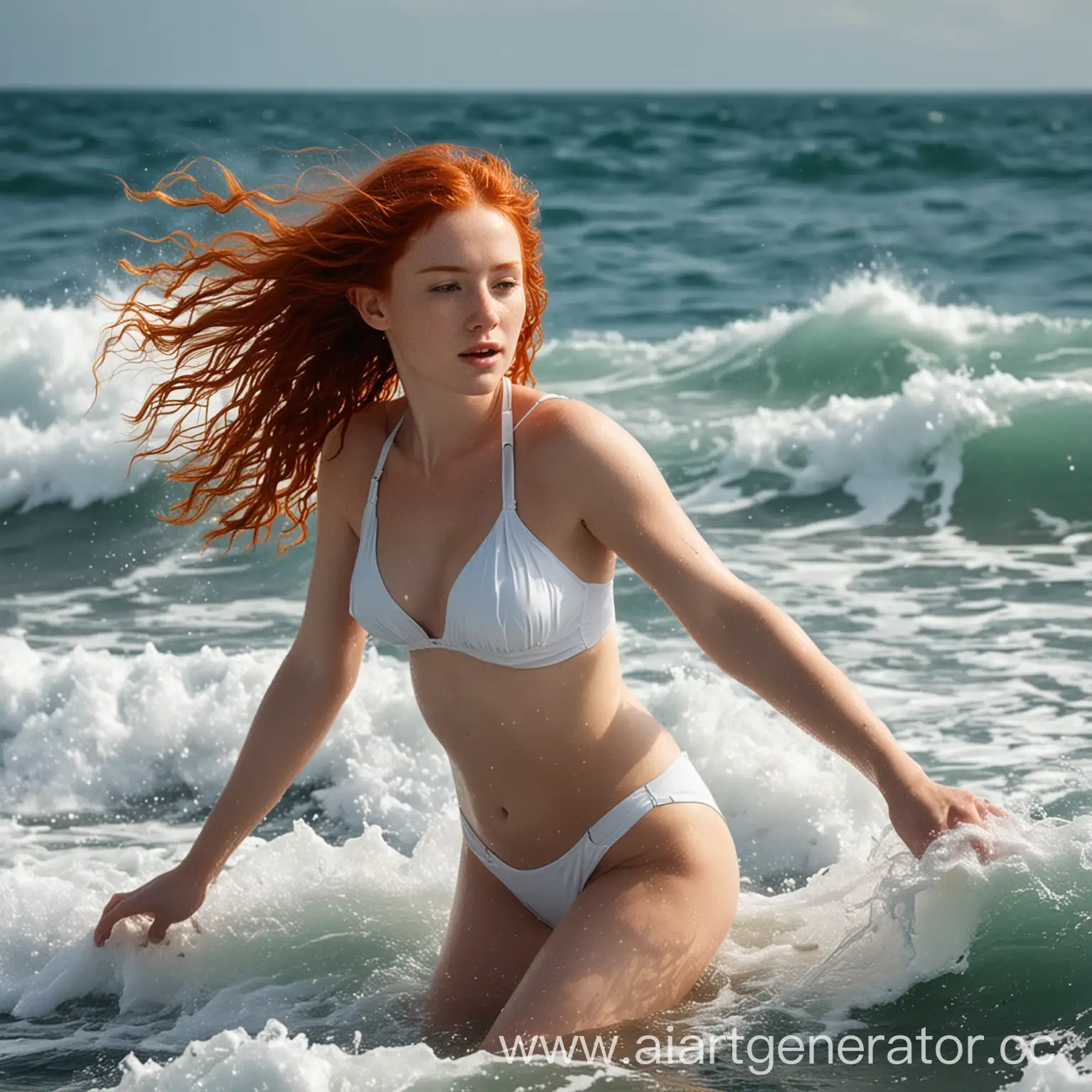 RedHaired-Girl-in-White-Swimsuit-Cutting-Through-Ocean-Waves