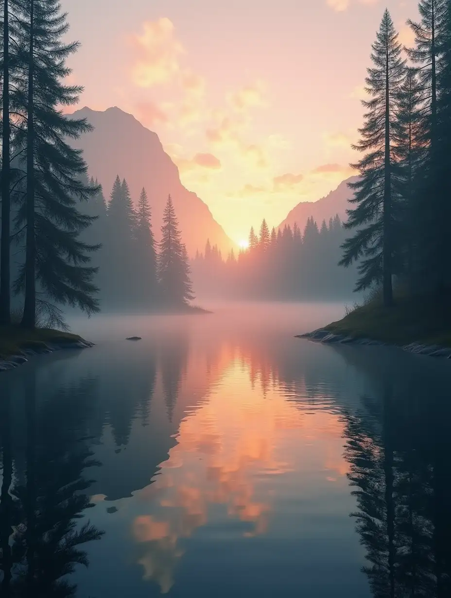 Serene-Mountain-Lake-at-Sunrise-with-Mist-and-Pine-Trees