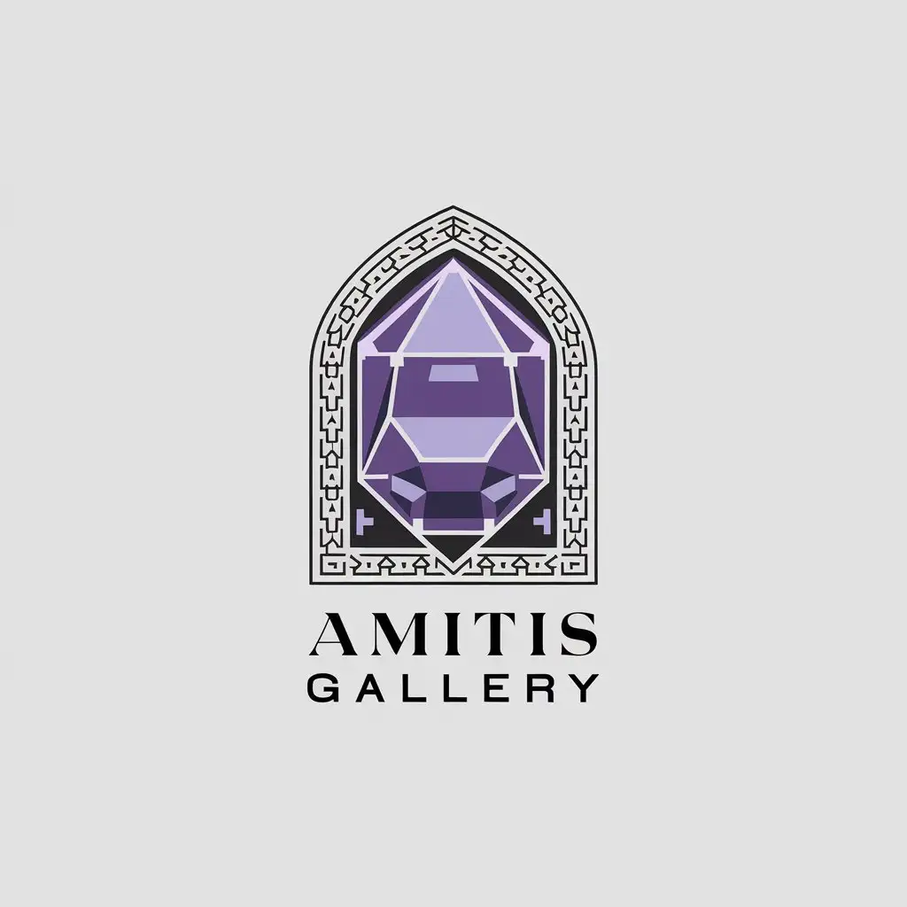 a vector logo design,with the text "Amitis Gallery", main symbol:Amethyst stone with Iranian ancient design,complex,be used in Retail industry,clear background