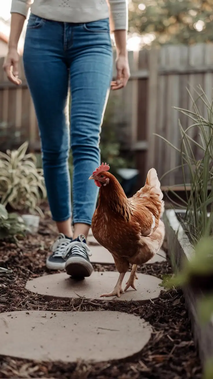 Golden-Laced-Wyandotte-Chicken-Walking-Behind-Woman-in-Backyard-Garden-Path