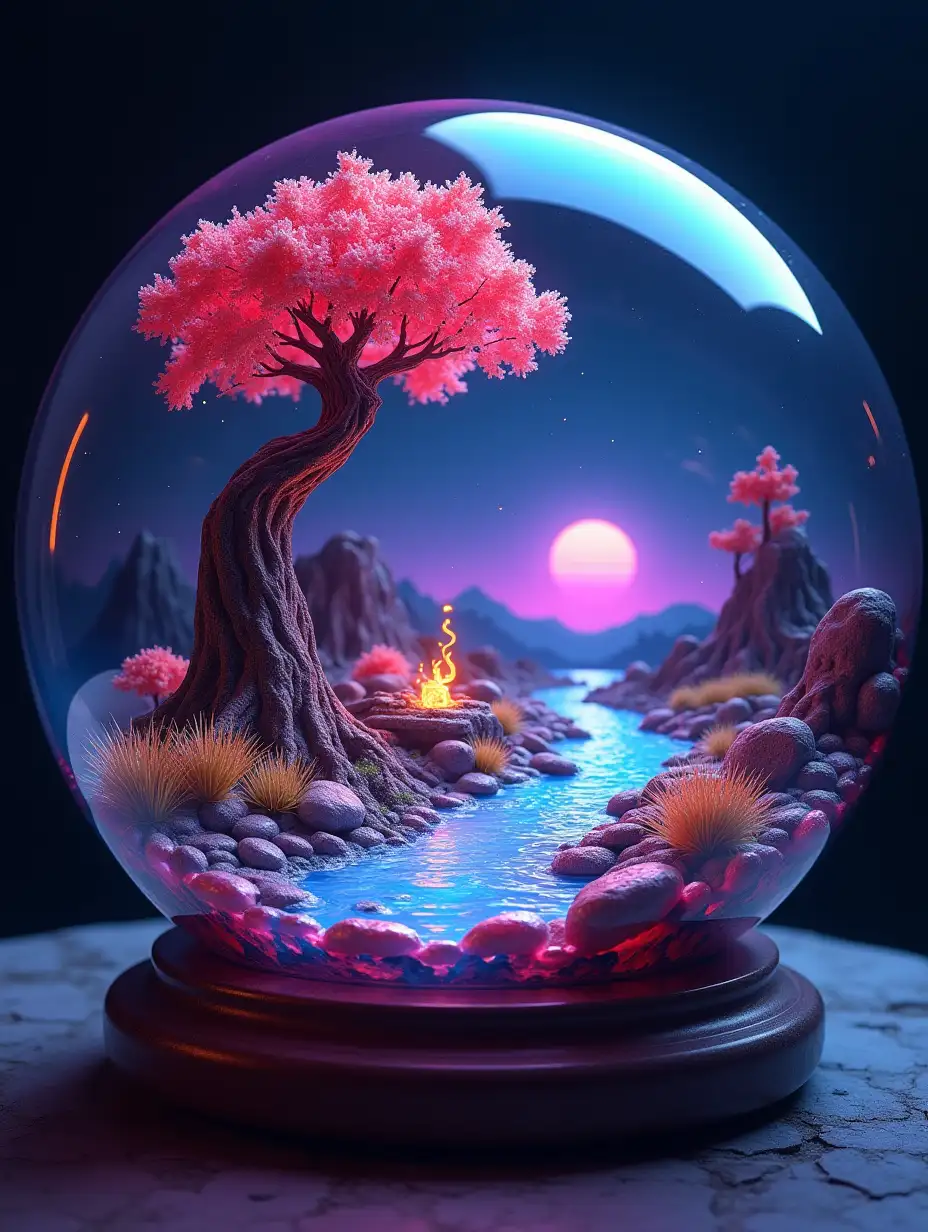 3d gloss miniature, composition in a large glass ball,glamour violet horror anthropomorphic alien animals village , yellow fire , lava neon tall tree ,  milky blue lava glaze River , gradient opal in pebbles style, milky way spiral galaxy pattern, studio photo,opal overlay, dinamic bokeh,sharpen,  neon air, bioluminescence