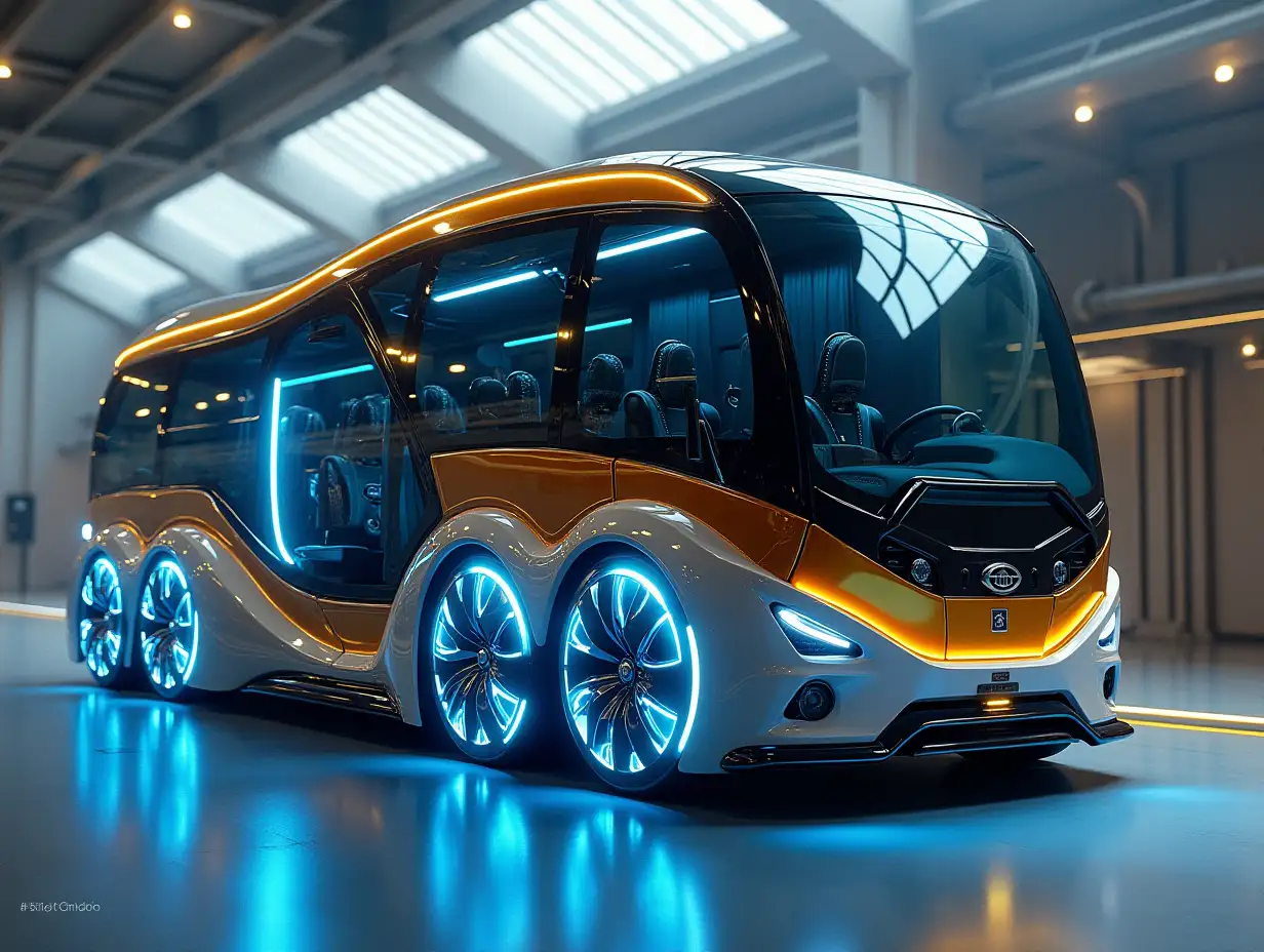 A super modern bus with wings, 20 wheels and blue led headlights, gold white black steampunk