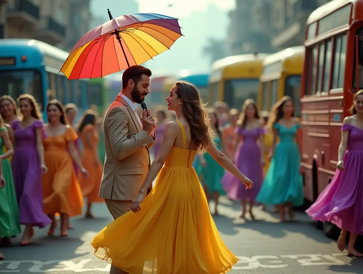 Dancing In a Song man and women, wearing yellow and purple mix dress and they have umbrella in rainbow color, in background has people dancing wearing colorfull dress in bus junction, all the bus are rainbow color, cinematic style