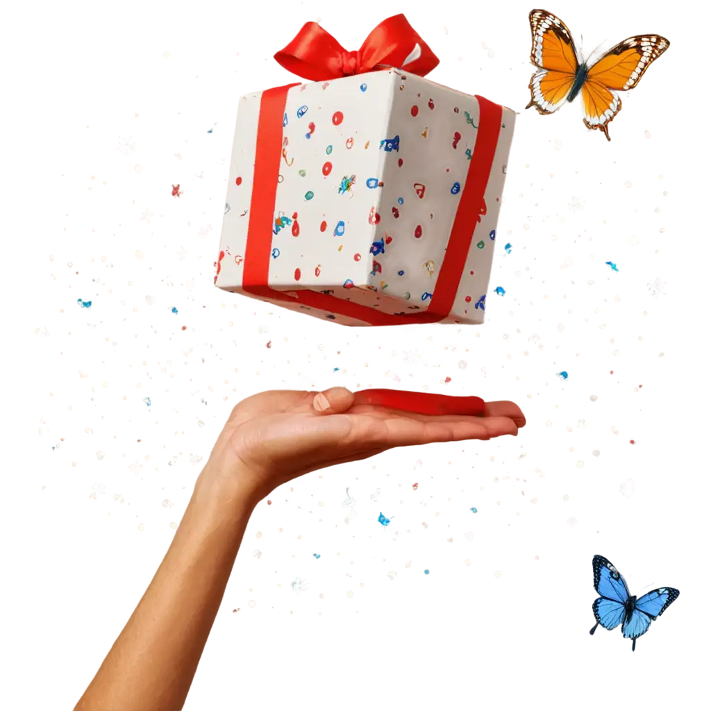 christmas present comic with special effects around the box & butterflies on them