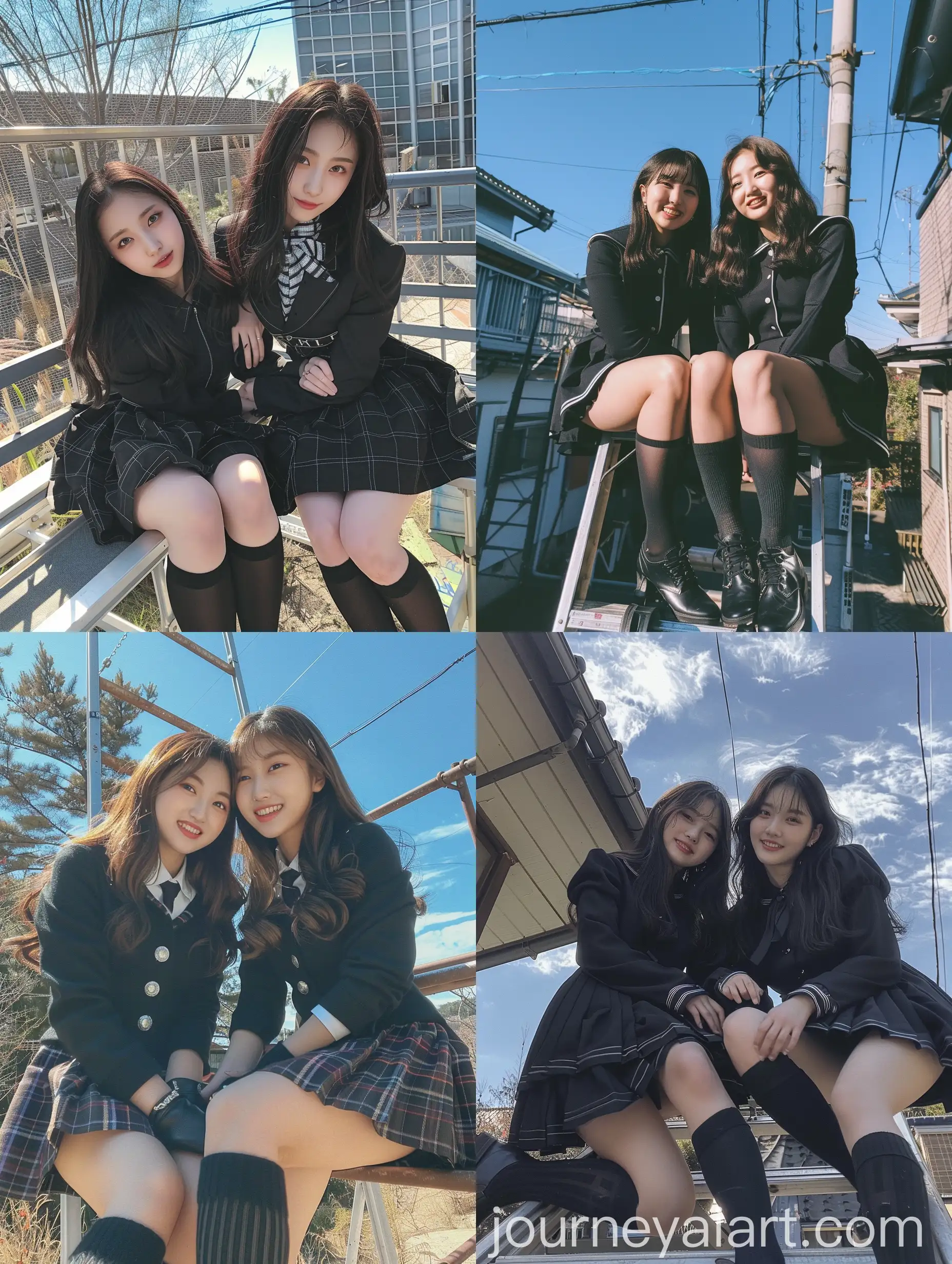 Two-Korean-Women-in-Black-Seifuku-School-Uniforms-Taking-Natural-Selfie-Outdoors