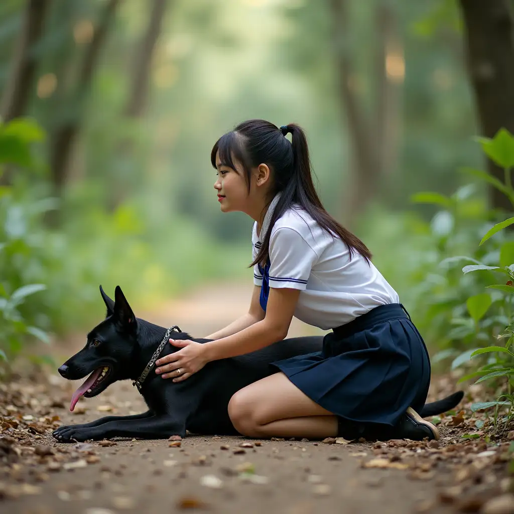 Laos-Girl-in-School-Uniform-Crawling-in-Forest-with-Black-Dog-on-Her-Back