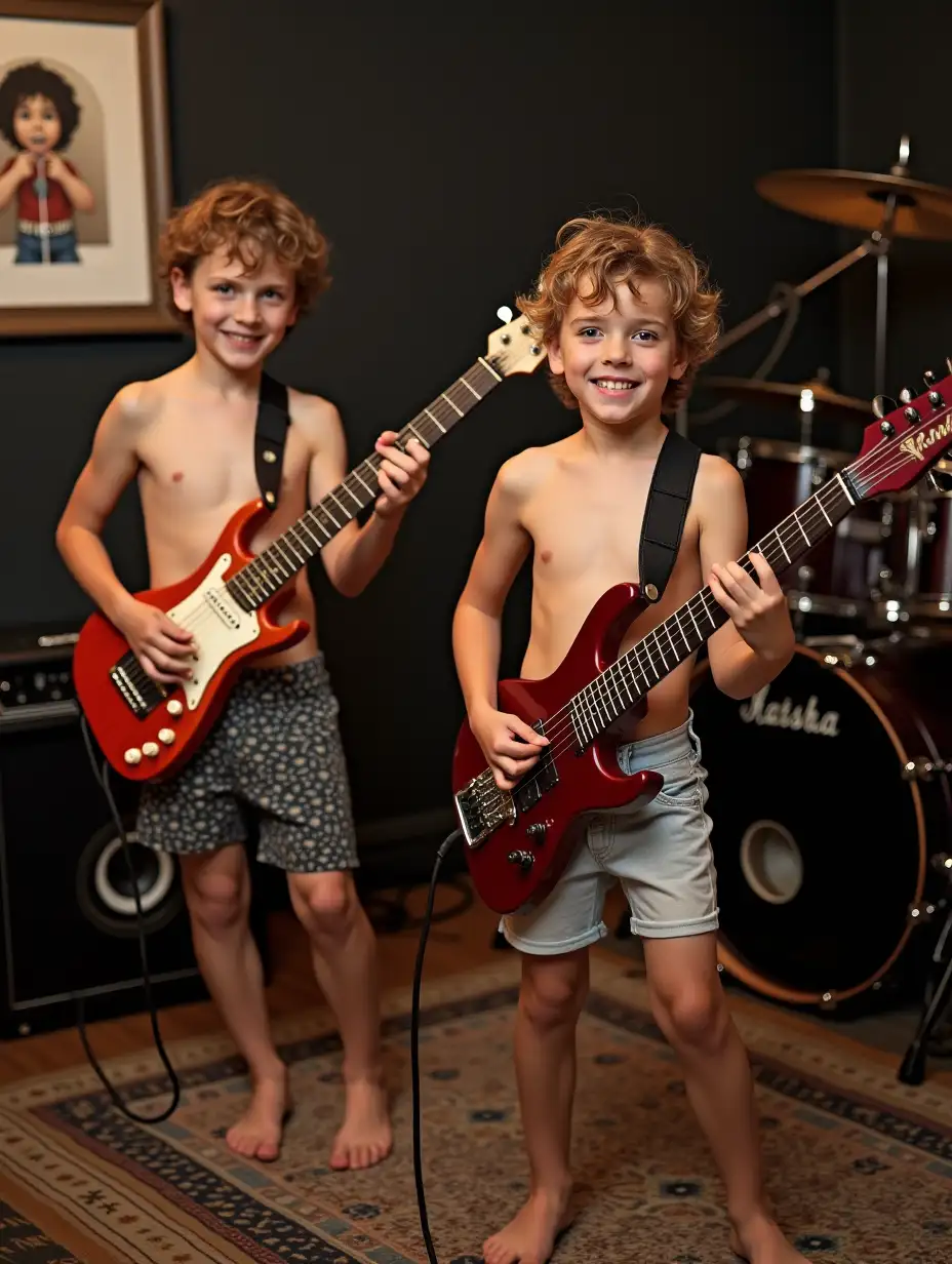 Two 11-year-old boys, only wearing swimming trunks, playing electric guitars in a music studio