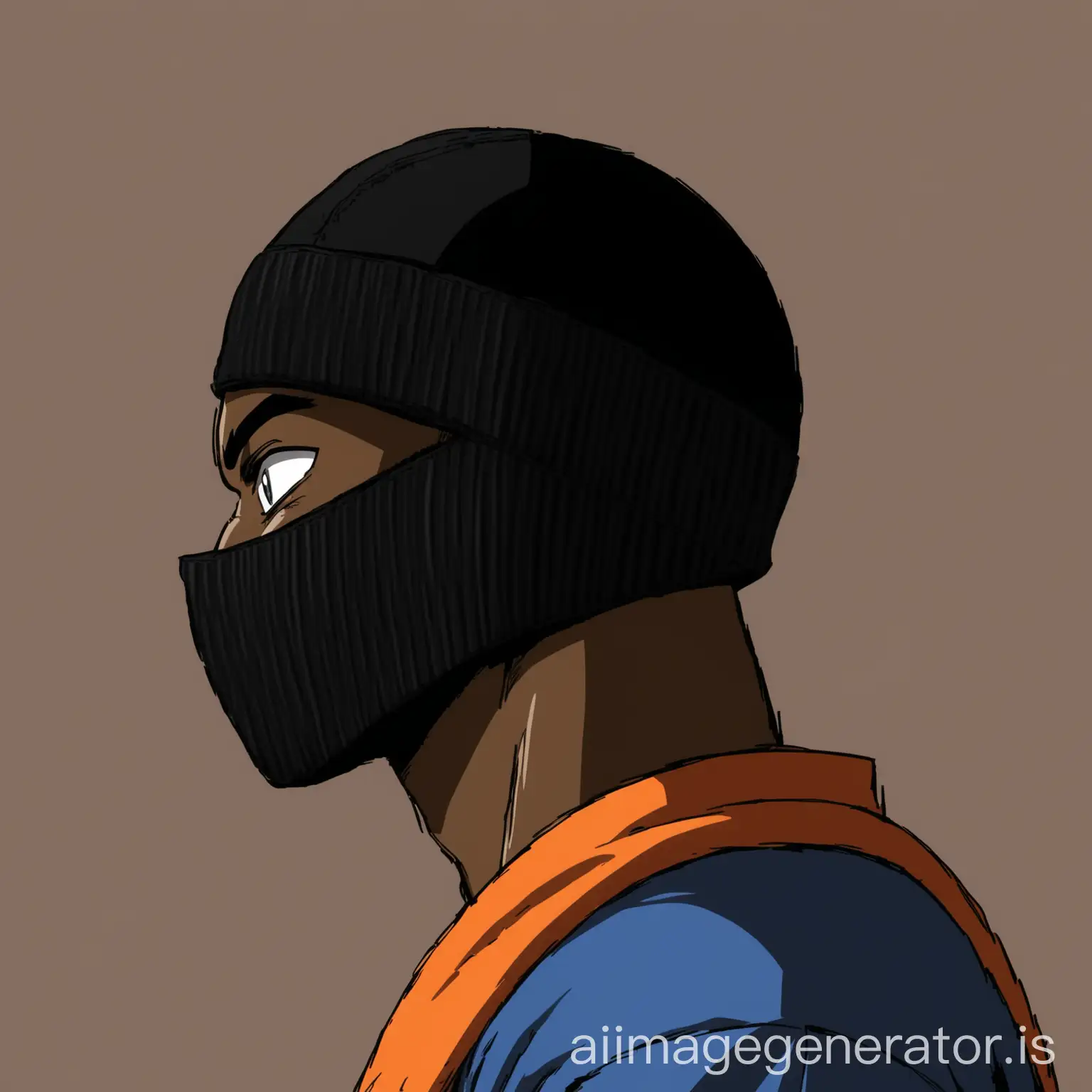 A side profile picture of a black guy with a black ski mask and a cap worn the other side in dragon ball, in dragon ball style
