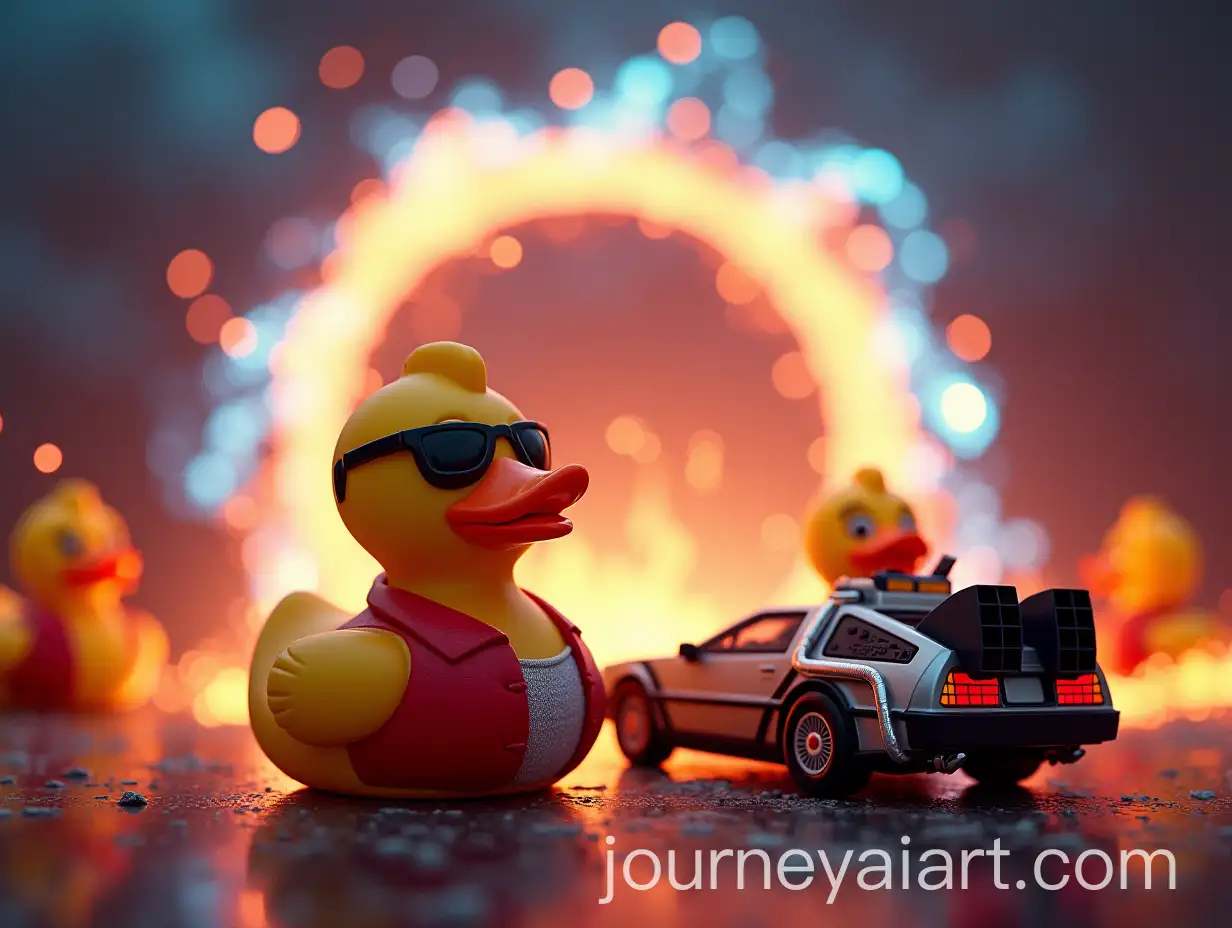 Nostalgic-Movie-Poster-of-Quack-to-the-Future-with-Rubber-Ducks-and-Mini-DeLorean