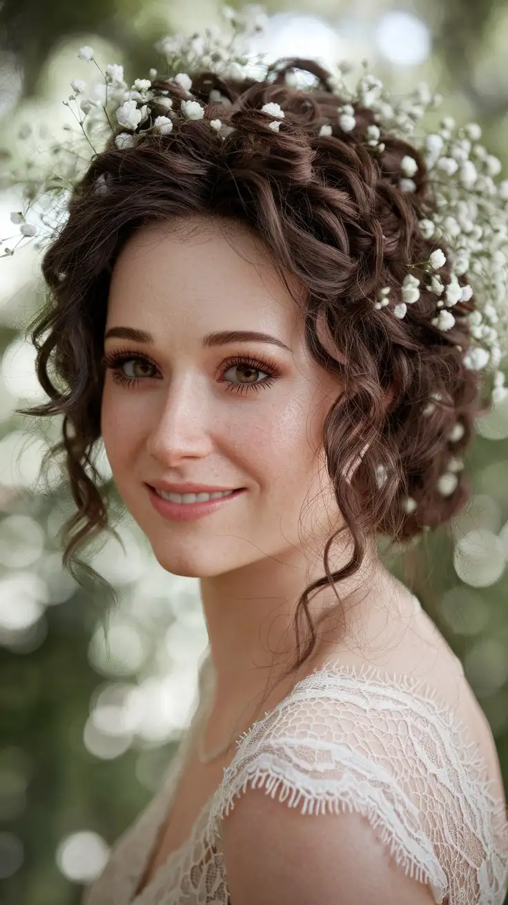 Closeup-Portrait-of-Smiling-Bride-with-Curly-Hair-and-Babys-Breath-in-Lush-Garden