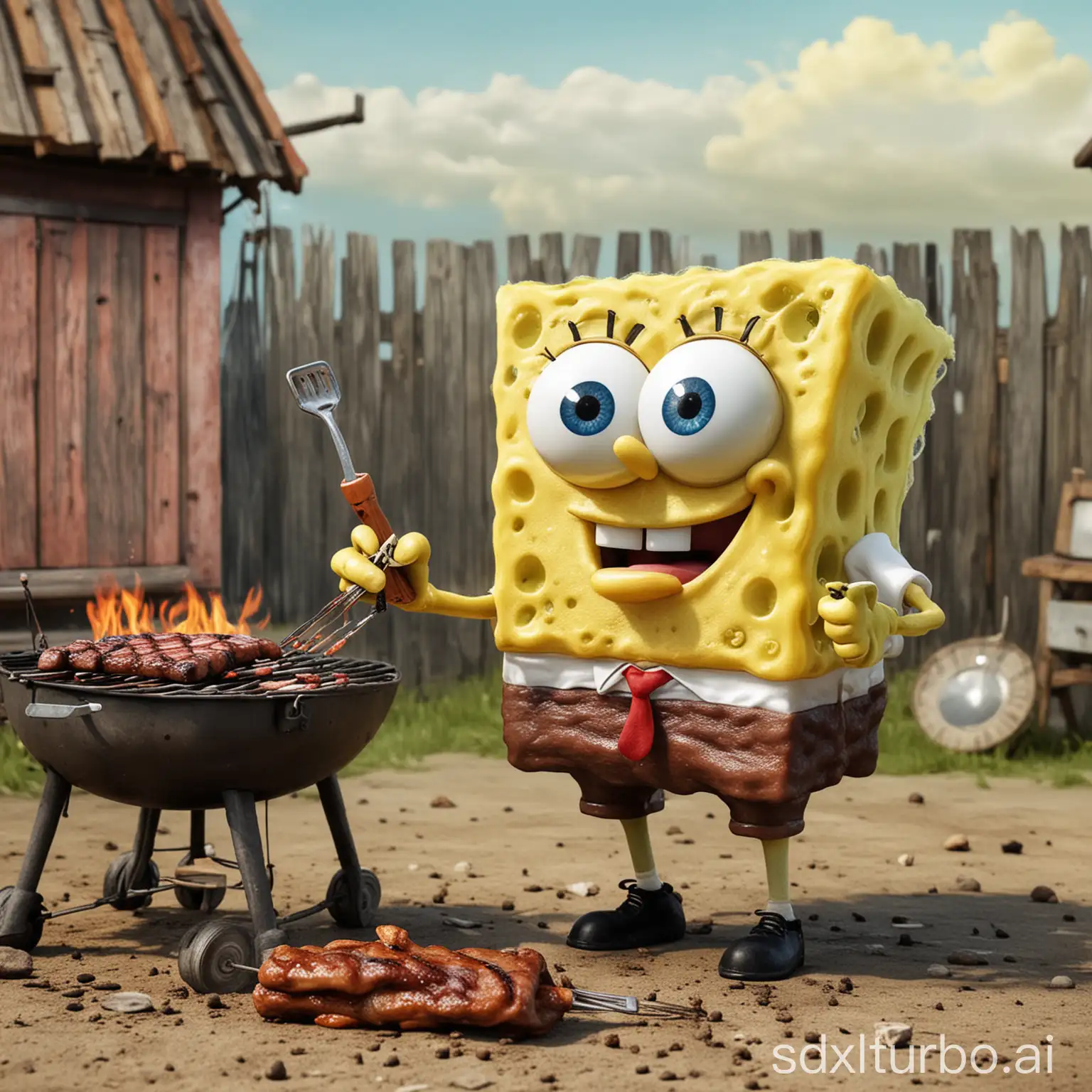 SpongeBob SquarePants eating barbecue