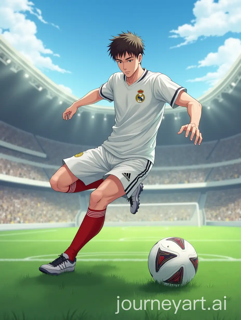 Anime-Character-Playing-Soccer-on-the-Grass-of-Santiago-Bernabeu-Stadium-in-Madrid