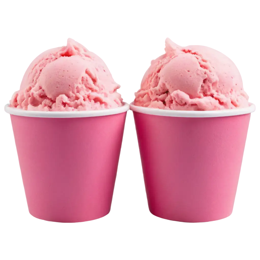 2 cups of strawberry ice cream in a bright pink paper cup