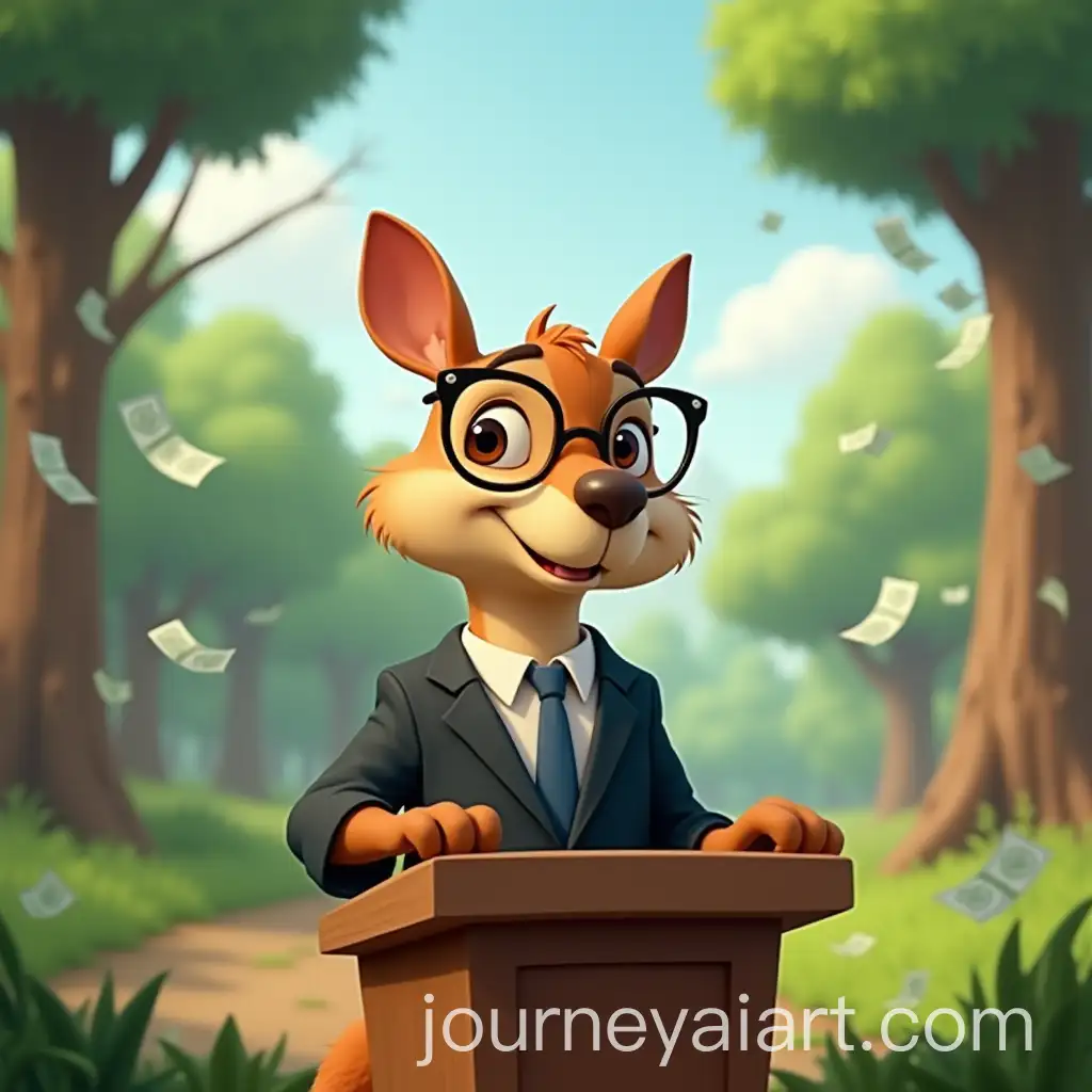 Cartoon-Capybara-Minister-in-Fantasy-Forest-with-Floating-Money-and-Charts