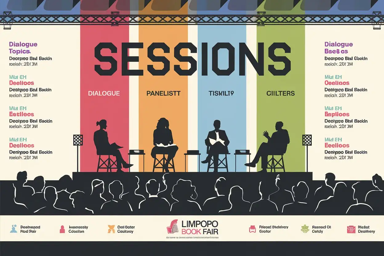 Limpopo Book Fair Sessions Banner with Dialogue Panelists and Audience Silhouettes