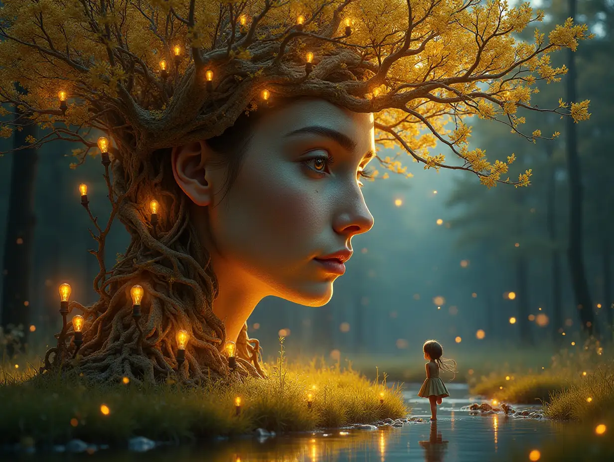 Creating a digital photo of a face with leuctkugel hair, that transforms into a building with gold stones and illuminated trees with golden roots and a river with floating light bulbs and lanterns and strange fairy creatures on a meadow