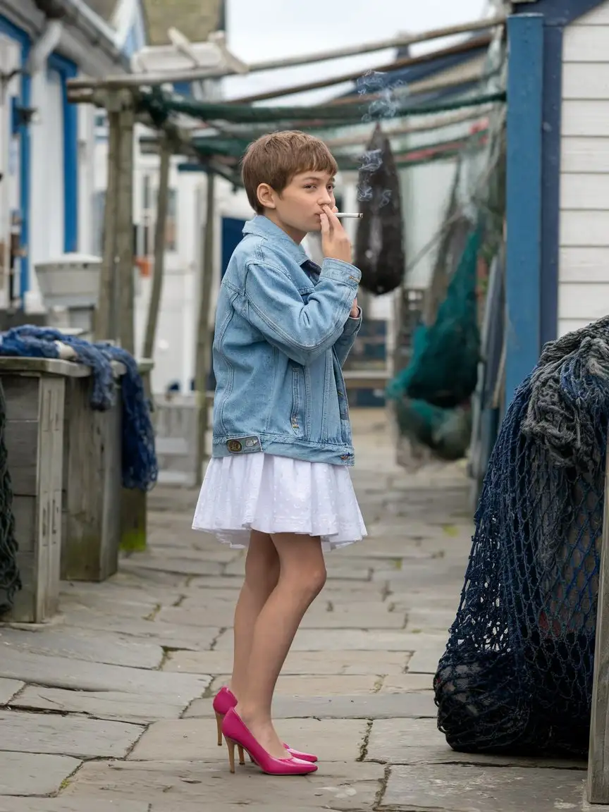 little young boy wearing denim jacket and white skirt with pink sandal high heels and short brown hair and staying in English fisherman's town and smoking cigarette