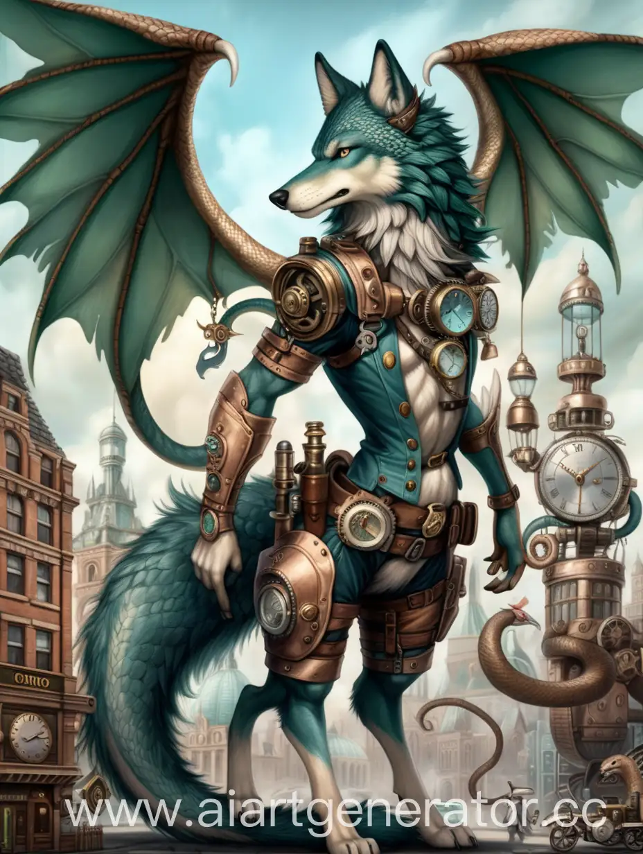 Anthropomorphic-Wolf-with-Dragon-Wings-in-Steampunk-City