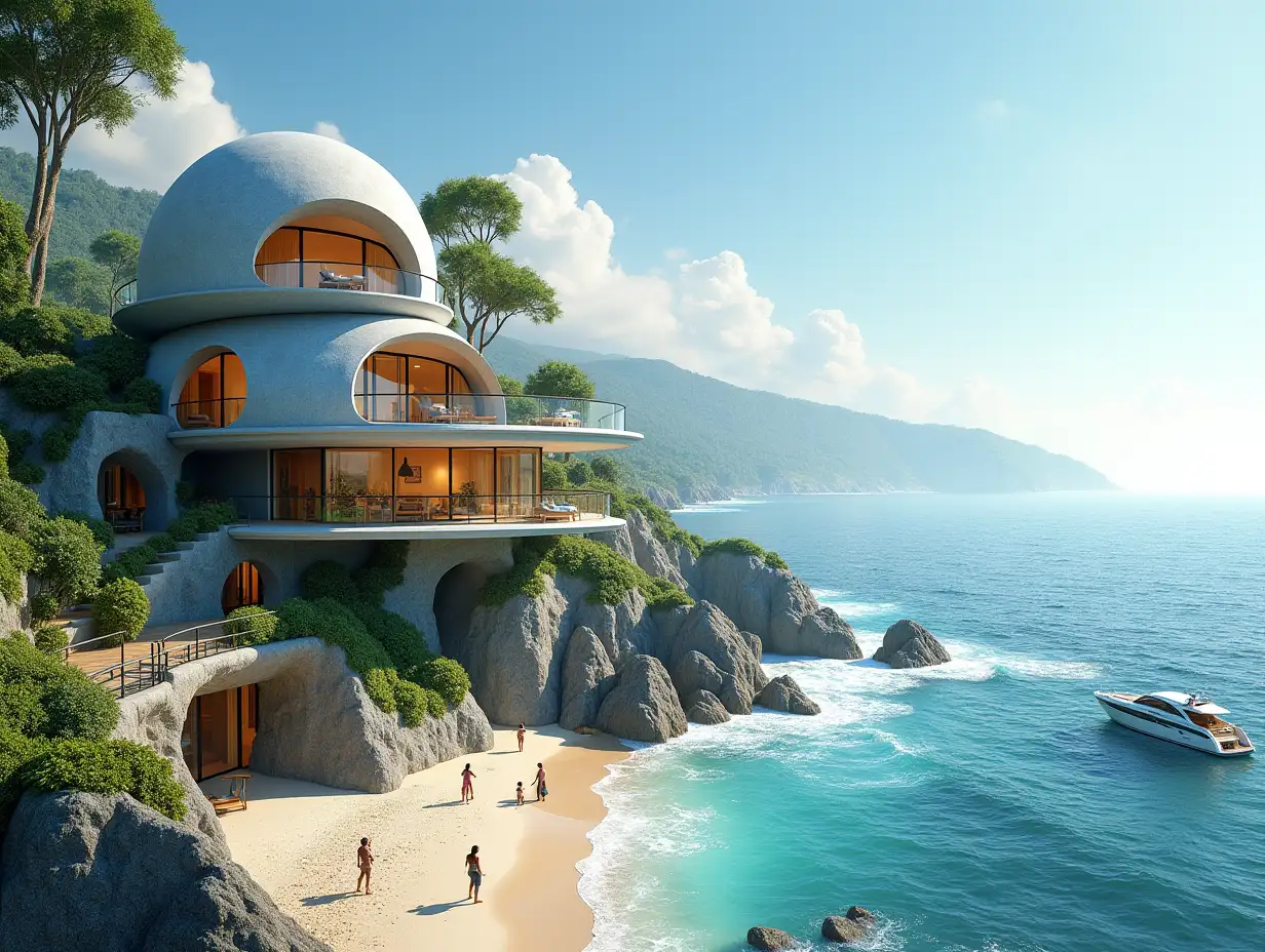 Create a high-resolution, realistic panorama image of a futuristic terrace building with snail house windows with bridge, a yacht and a small beach with people, many plants and grey and brown facades with sea with waves, big trees, blue sky